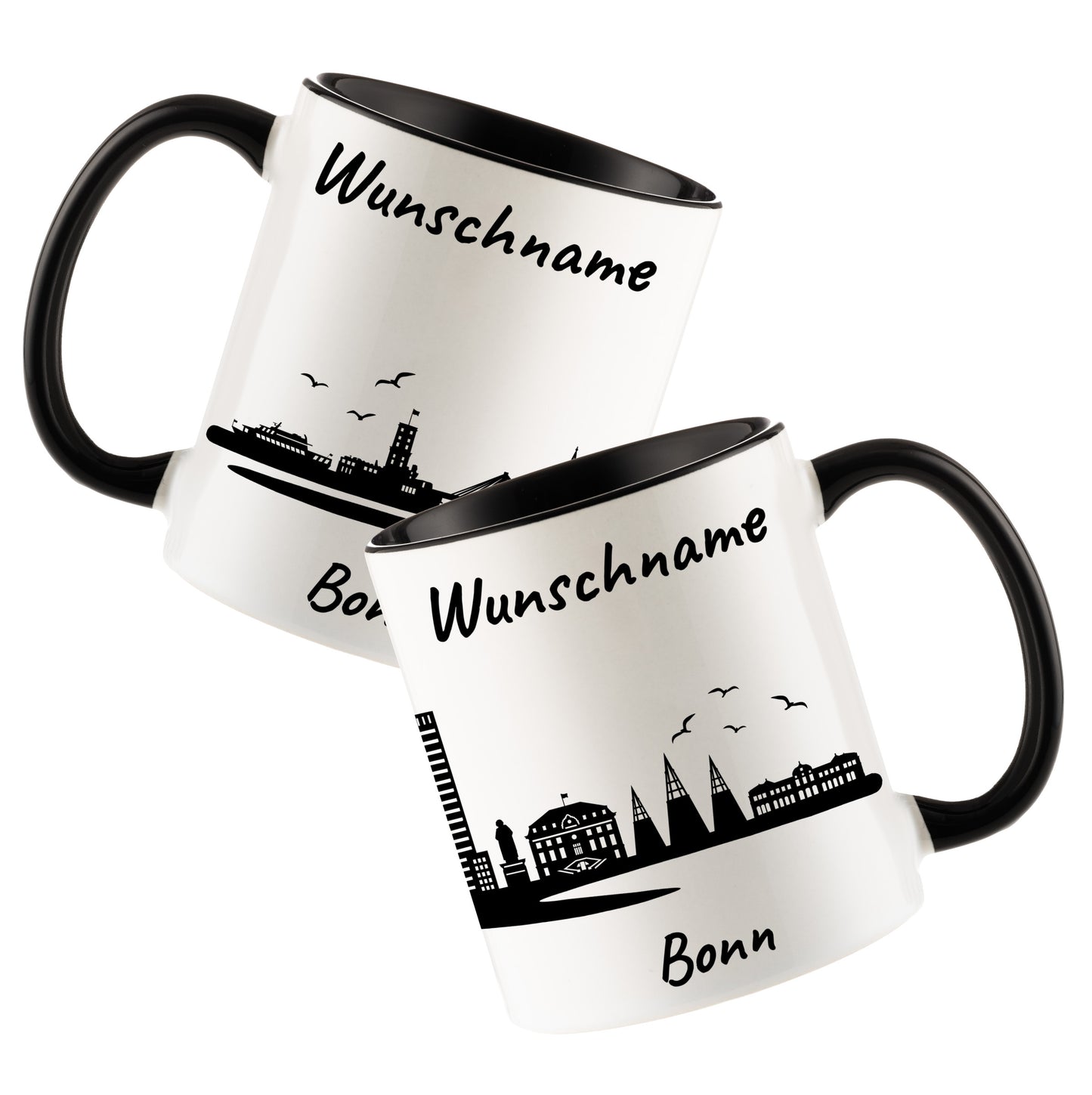 Tasse in Schwarz 330ml bedruckt mit der Skyline von Bonn personalisierbar mit Wunschname