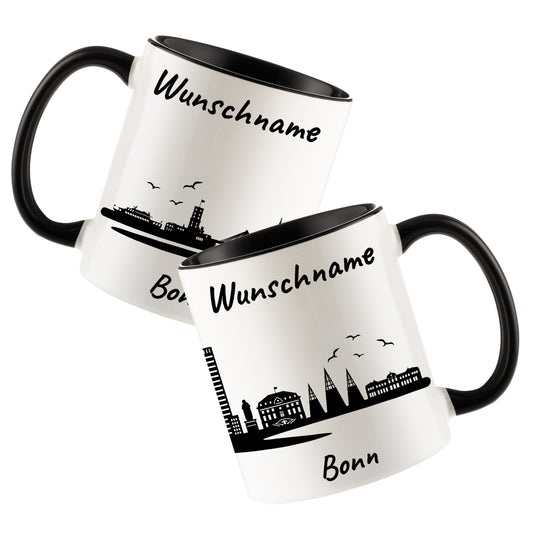 Tasse in Schwarz 330ml bedruckt mit der Skyline von Bonn personalisierbar mit Wunschname