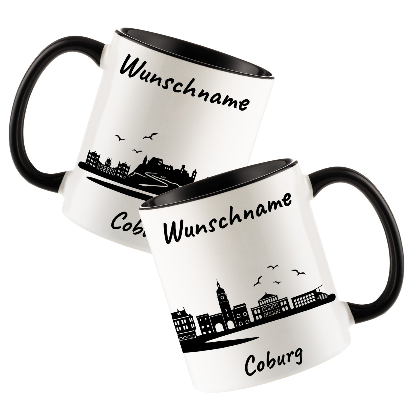 Tasse in Schwarz 330ml bedruckt mit der Skyline von Coburg personalisierbar mit Wunschname