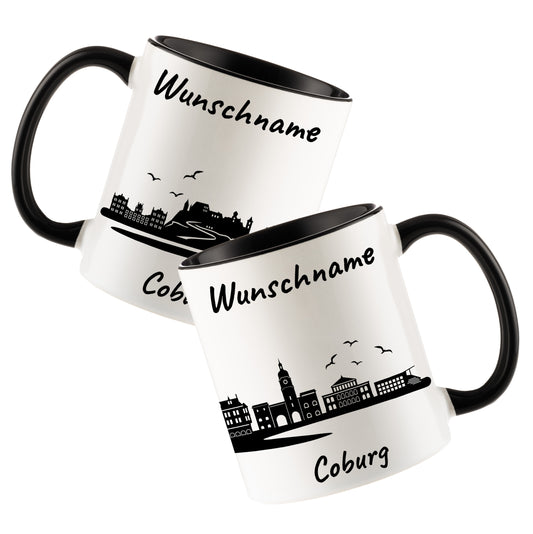 Tasse in Schwarz 330ml bedruckt mit der Skyline von Coburg personalisierbar mit Wunschname