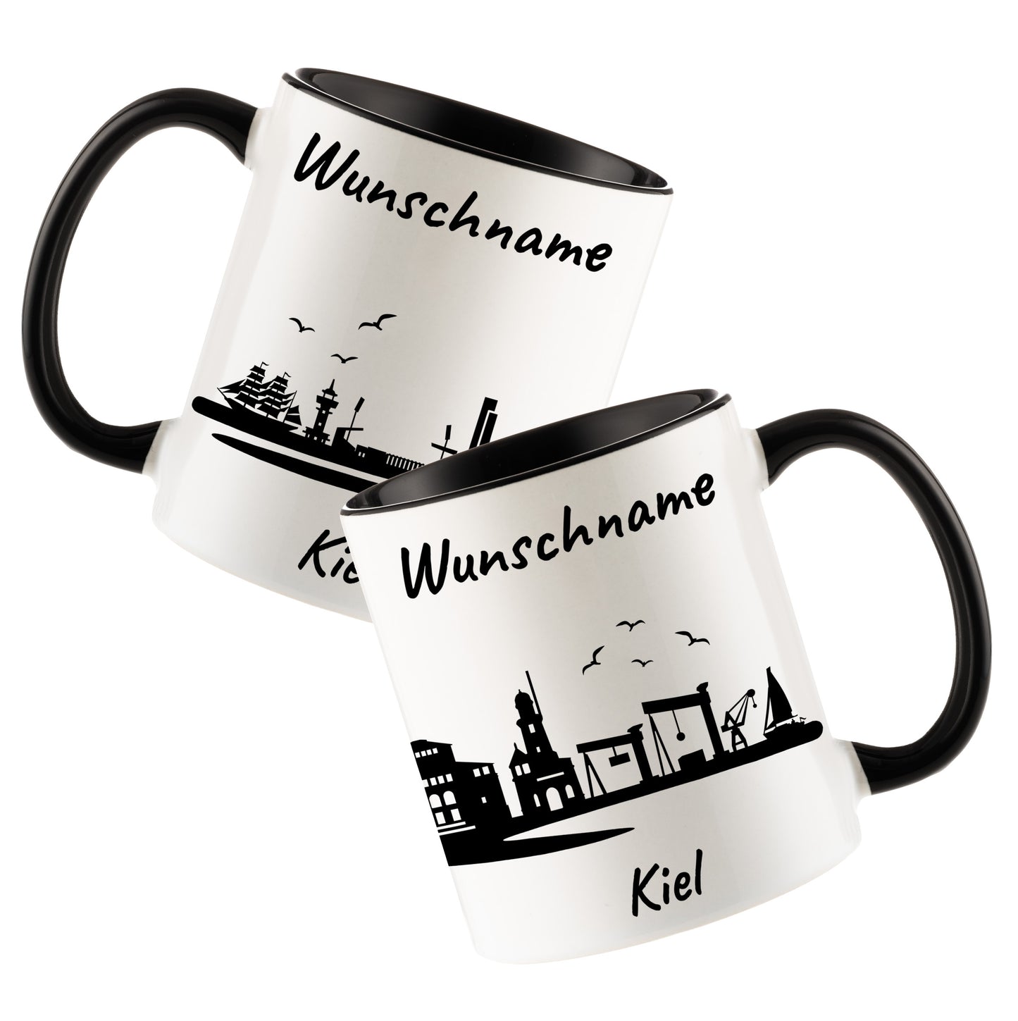 Tasse in Schwarz 330ml bedruckt mit der Skyline von Kiel personalisierbar mit Wunschname