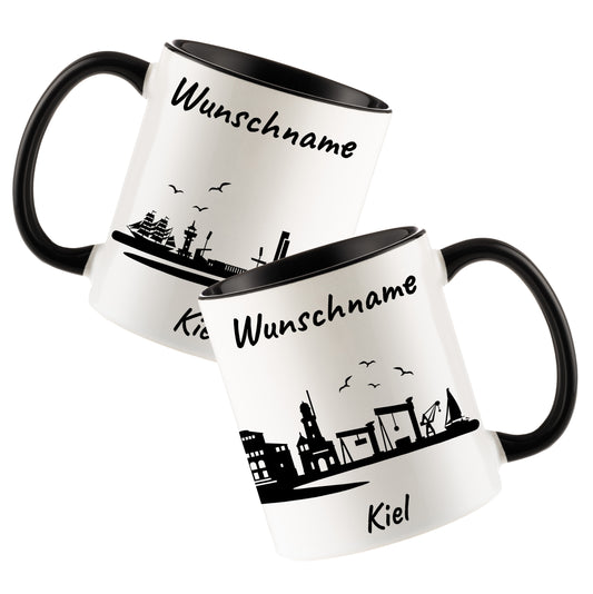 Tasse in Schwarz 330ml bedruckt mit der Skyline von Kiel personalisierbar mit Wunschname