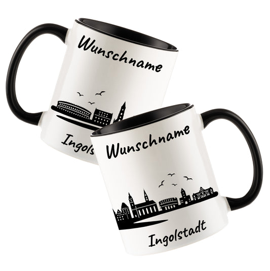 Tasse in Schwarz 330ml bedruckt mit der Skyline von Ingolstadt personalisierbar mit Wunschname