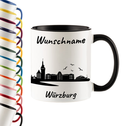 Tasse in Schwarz 330ml bedruckt mit der Skyline von Würzburg personalisierbar mit Wunschname