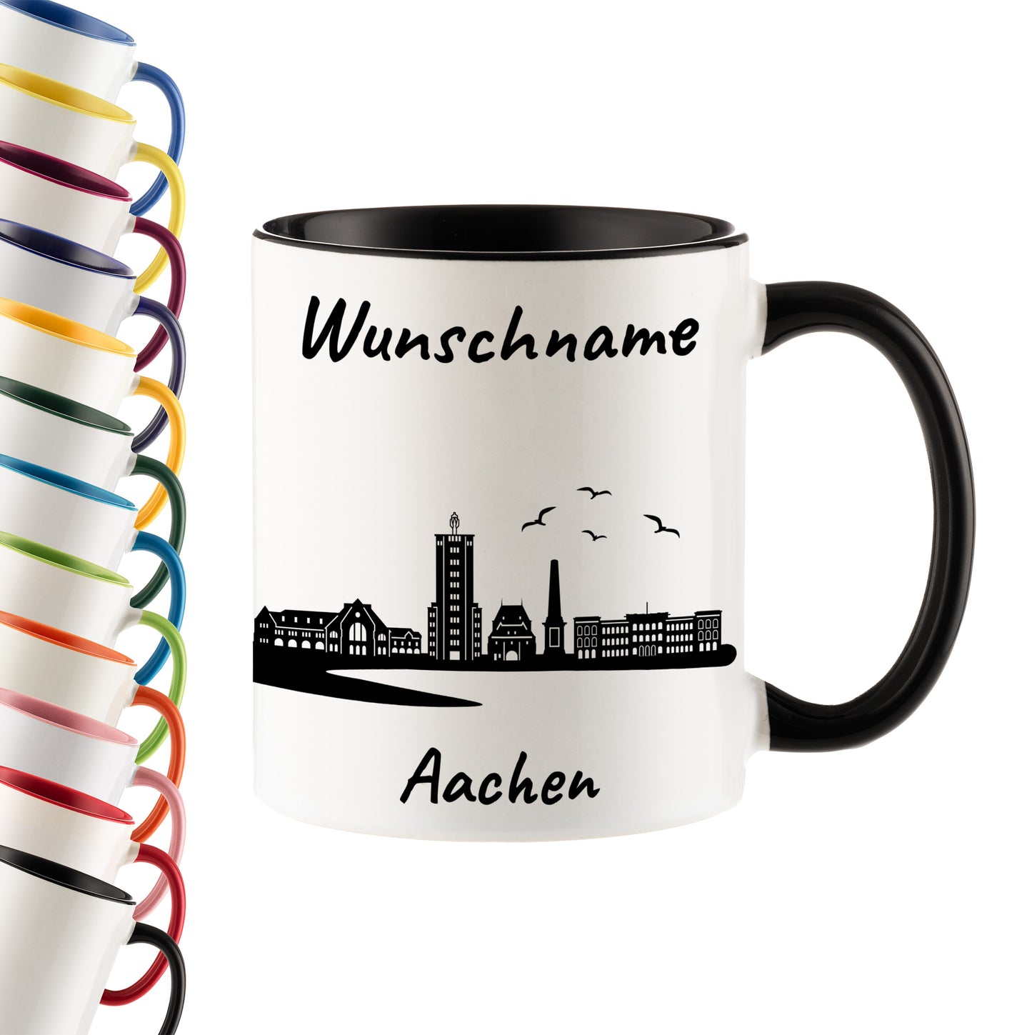 Tasse in Schwarz 330ml bedruckt mit der Skyline von Aachen personalisierbar mit Wunschname