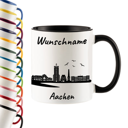 Tasse in Schwarz 330ml bedruckt mit der Skyline von Aachen personalisierbar mit Wunschname