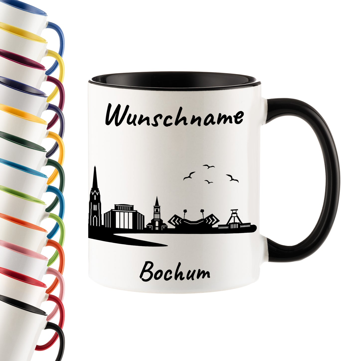 Tasse in Schwarz 330ml bedruckt mit der Skyline von Bochum personalisierbar mit Wunschname