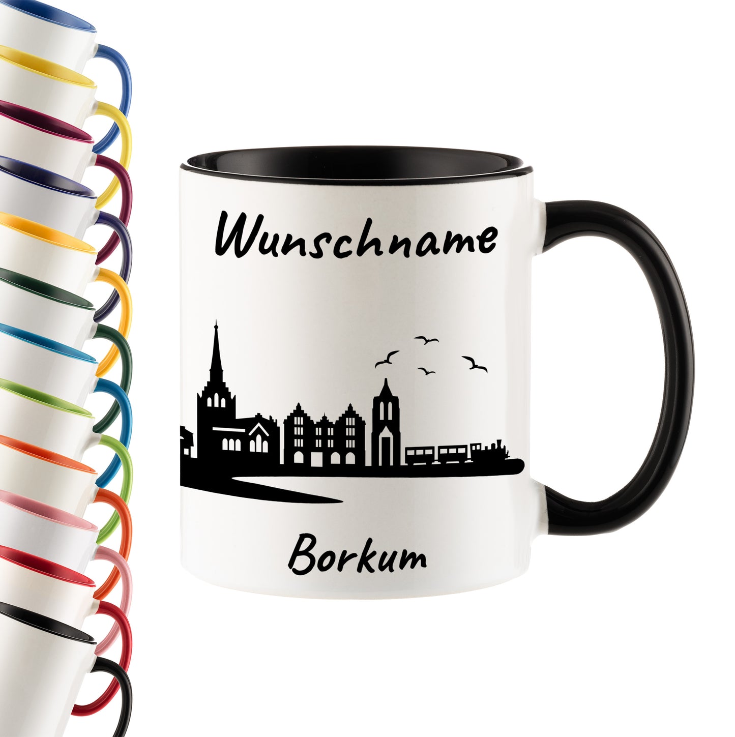 Tasse in Schwarz 330ml bedruckt mit der Skyline von Borkum personalisierbar mit Wunschname