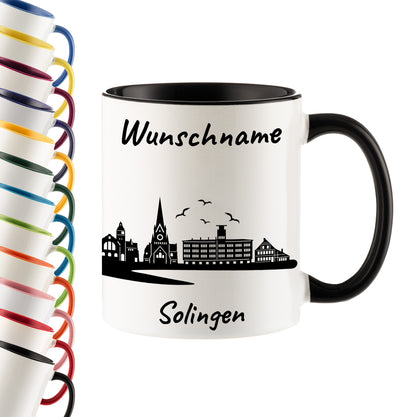 Tasse in Schwarz 330ml bedruckt mit der Skyline von Solingen personalisierbar mit Wunschname