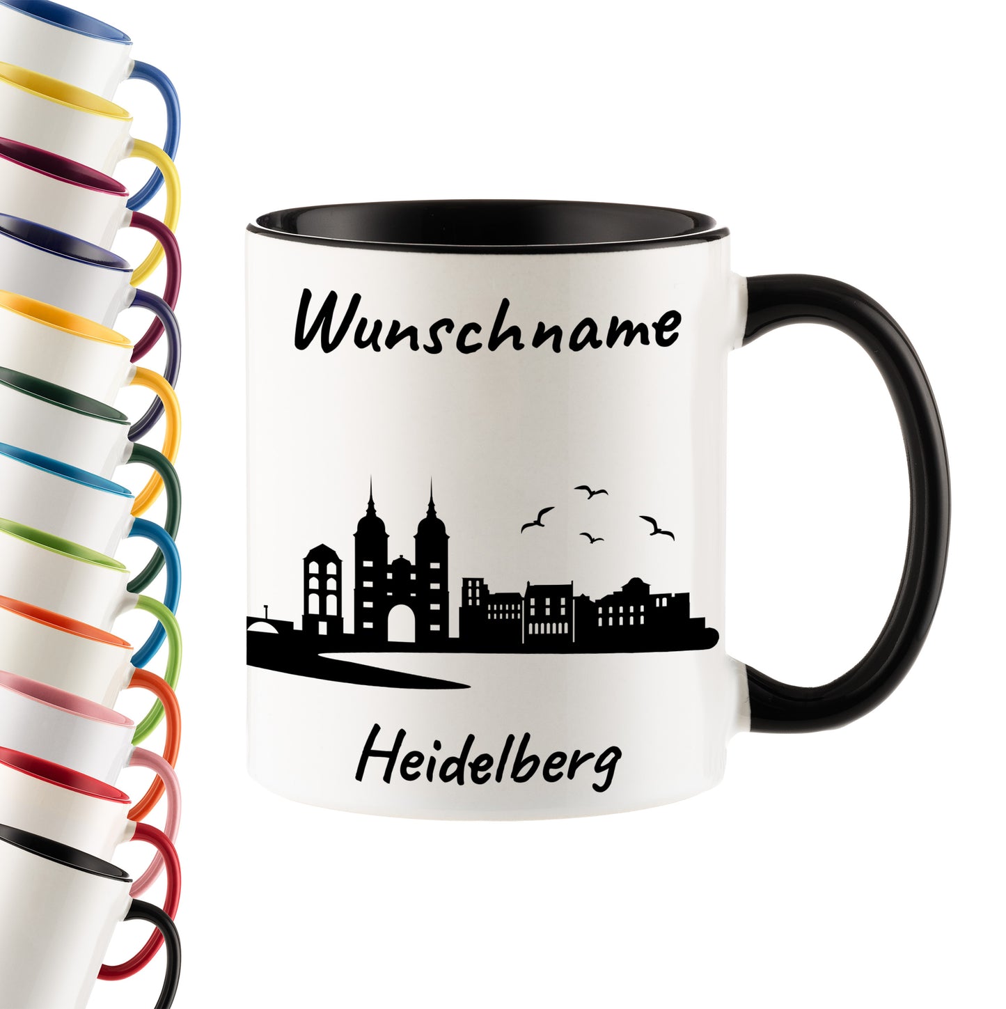 Tasse in Schwarz 330ml bedruckt mit der Skyline von Heidelberg personalisierbar mit Wunschname