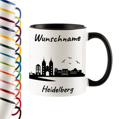 Tasse in Schwarz 330ml bedruckt mit der Skyline von Heidelberg personalisierbar mit Wunschname