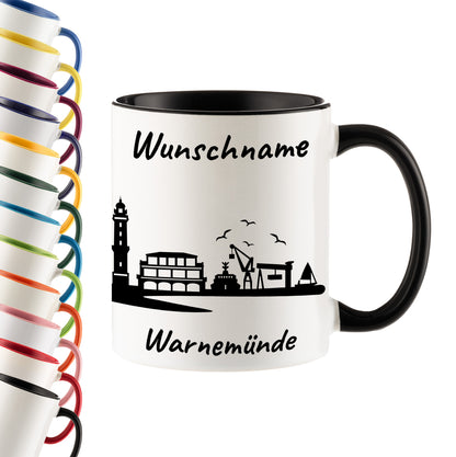Tasse in Schwarz 330ml bedruckt mit der Skyline von Warnemünde personalisierbar mit Wunschname