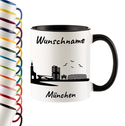 Tasse in Schwarz 330ml bedruckt mit der Skyline von München personalisierbar mit Wunschname