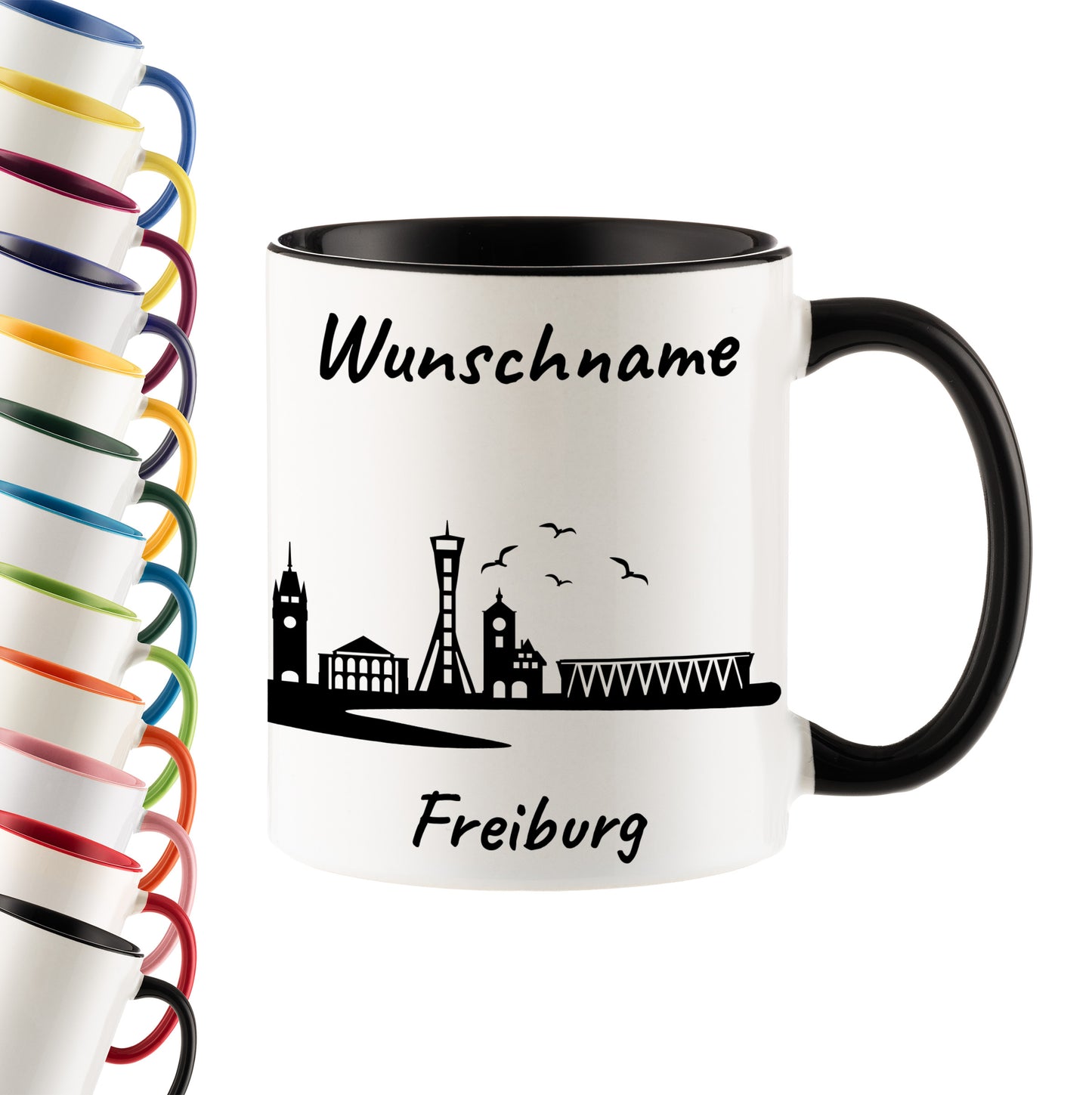 Tasse in Schwarz 330ml bedruckt mit der Skyline von Freiburg personalisierbar mit Wunschname