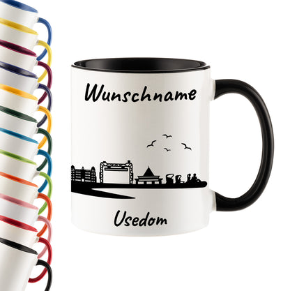 Tasse in Schwarz 330ml bedruckt mit der Skyline von Usedom personalisierbar mit Wunschname