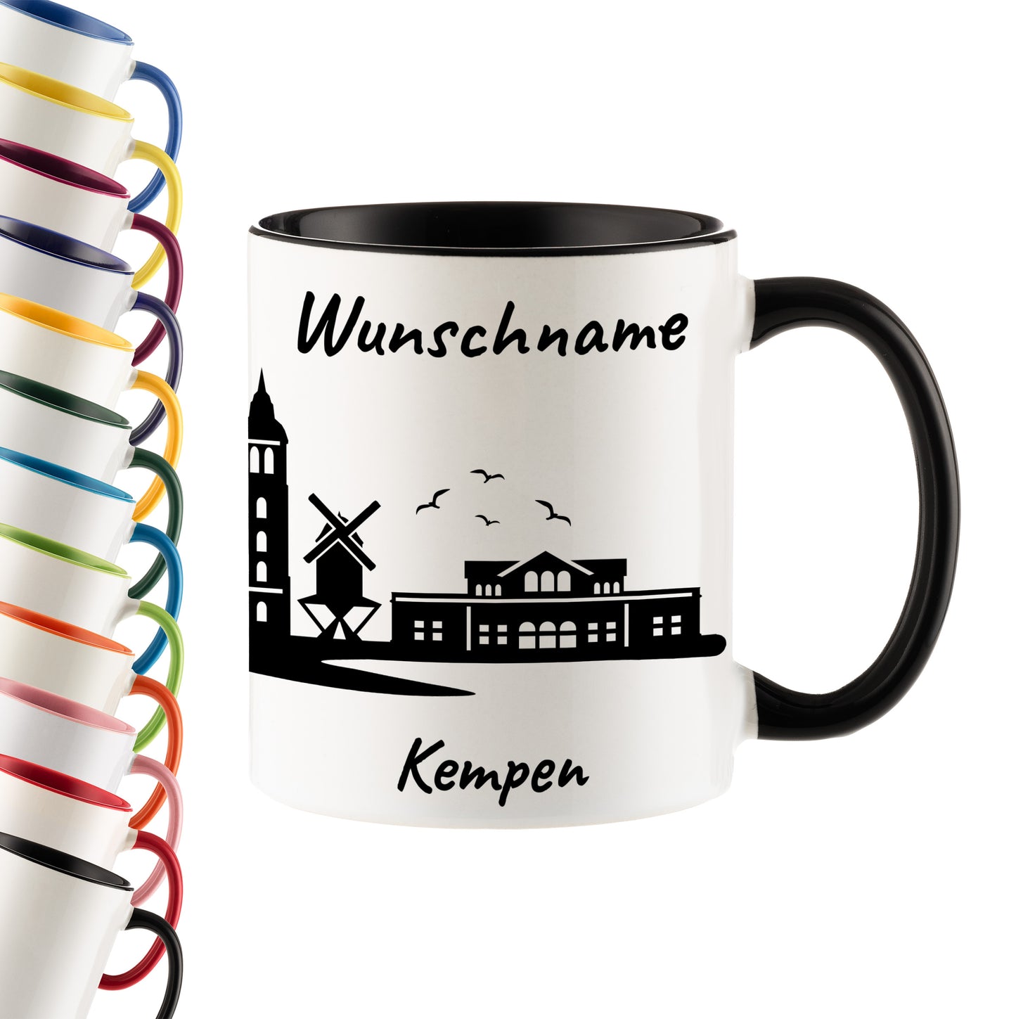 Tasse in Schwarz 330ml bedruckt mit der Skyline von Kempen personalisierbar mit Wunschname