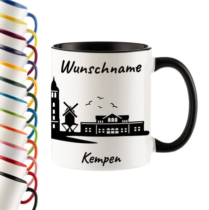 Tasse in Schwarz 330ml bedruckt mit der Skyline von Kempen personalisierbar mit Wunschname