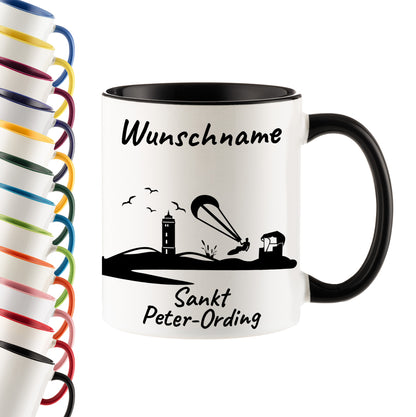 Tasse in Schwarz 330ml bedruckt mit der Skyline von Sankt Peter-Ording personalisierbar mit Wunschname