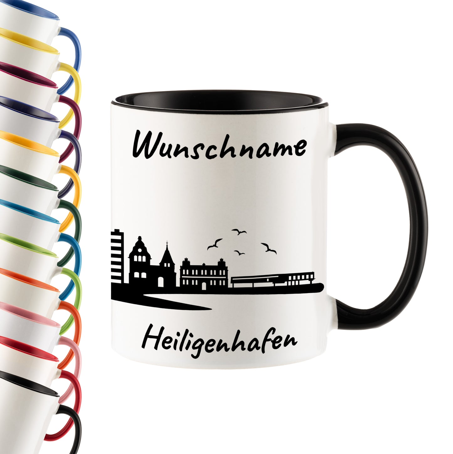 Tasse in Schwarz 330ml bedruckt mit der Skyline von Heiligenhafen personalisierbar mit Wunschname
