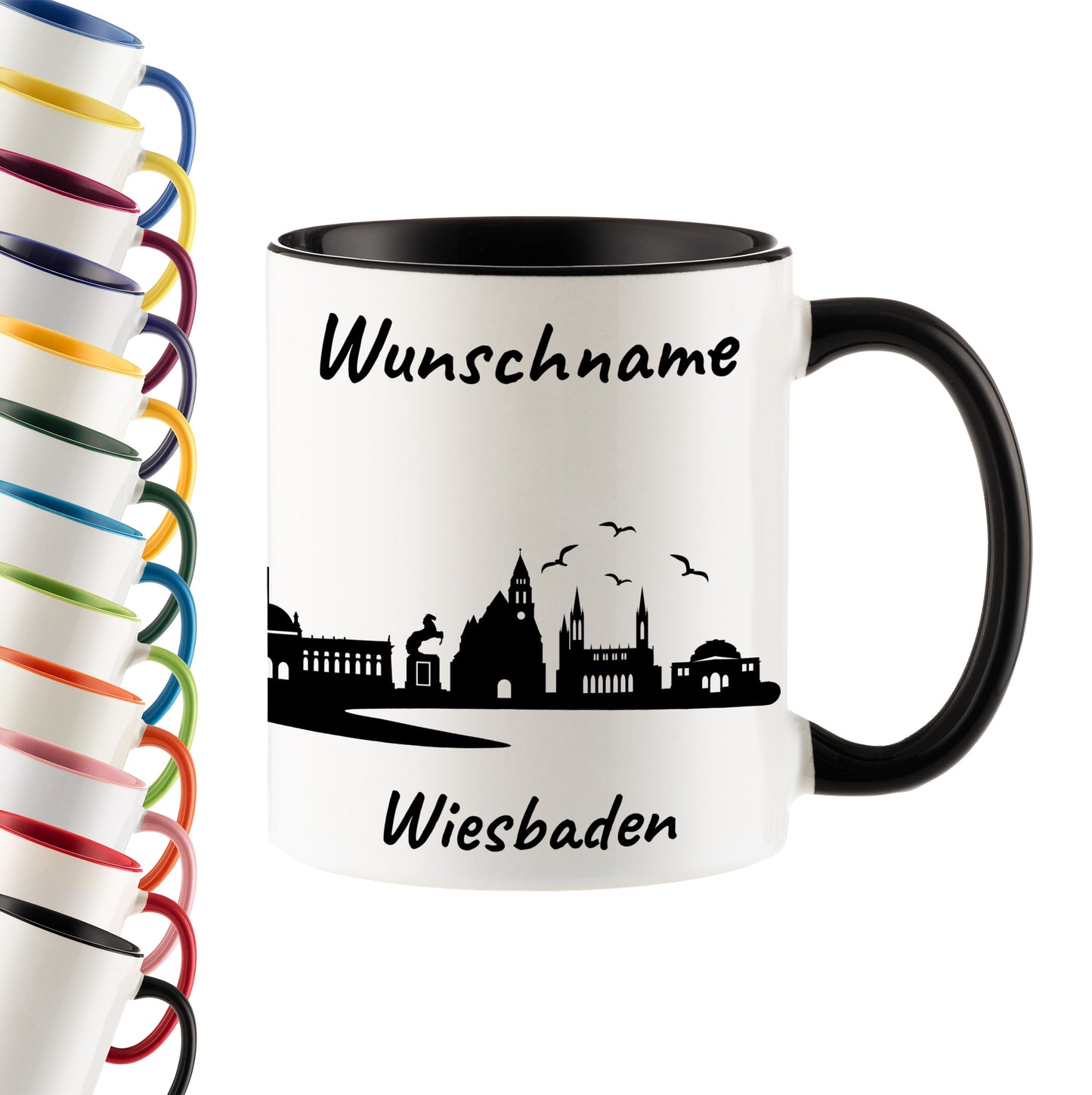 Tasse in Schwarz 330ml bedruckt mit der Skyline von Wiesbaden personalisierbar mit Wunschname