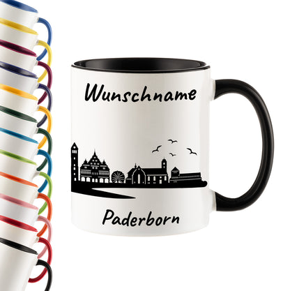 Tasse in Schwarz 330ml bedruckt mit der Skyline von Paderborn personalisierbar mit Wunschname