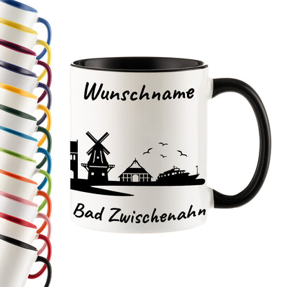 Tasse in Schwarz 330ml bedruckt mit der Skyline von Bad Zwischenahn personalisierbar mit Wunschname