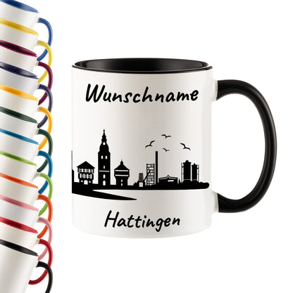 Tasse in Schwarz 330ml bedruckt mit der Skyline von Hattingen personalisierbar mit Wunschname