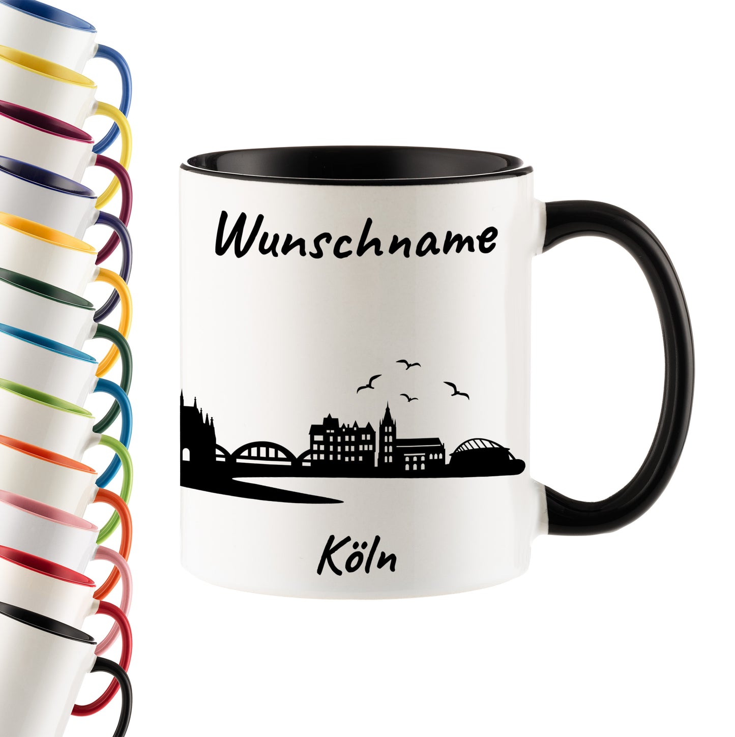 Tasse in Schwarz 330ml bedruckt mit der Skyline von Köln personalisierbar mit Wunschname