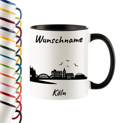 Tasse in Schwarz 330ml bedruckt mit der Skyline von Köln personalisierbar mit Wunschname