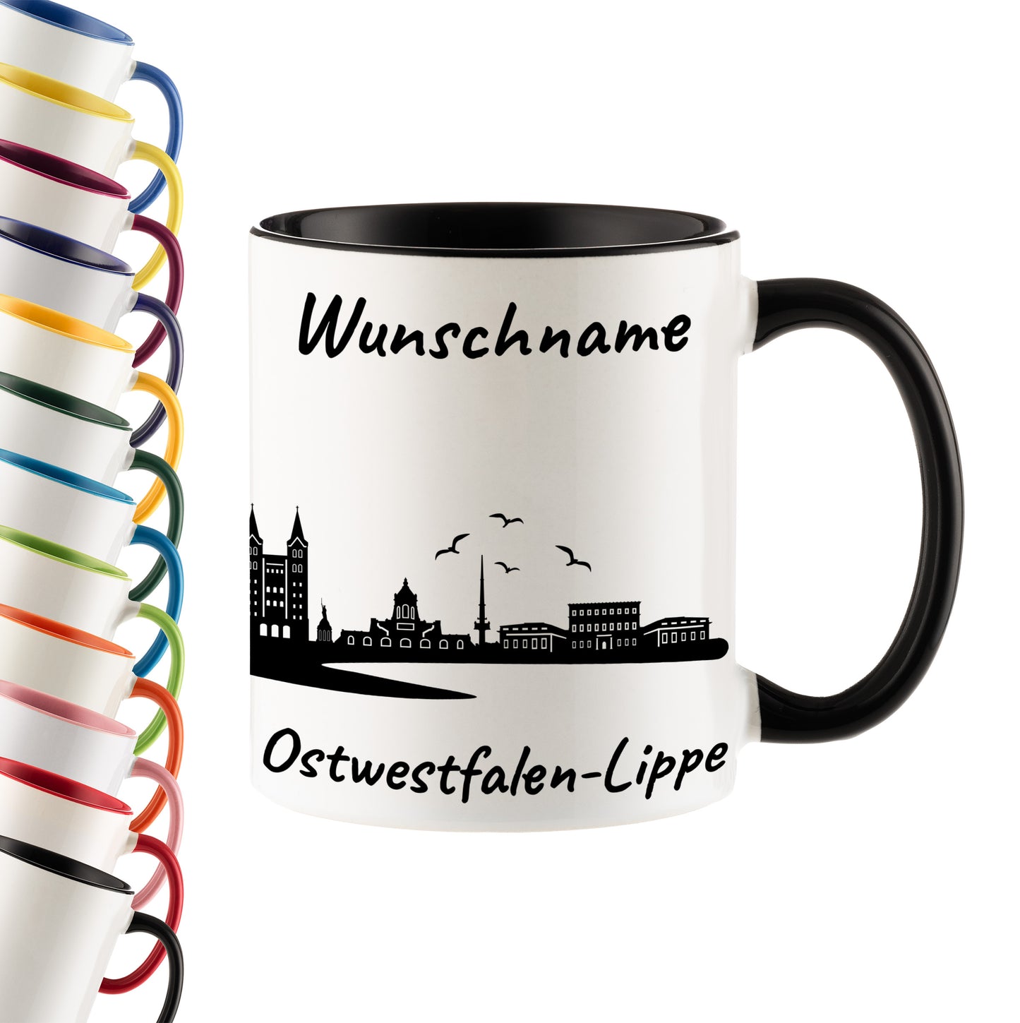 Tasse in Schwarz 330ml bedruckt mit der Skyline von Ostwestfalen-Lippe personalisierbar mit Wunschname