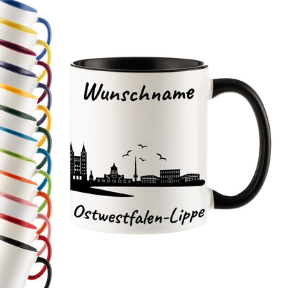 Tasse in Schwarz 330ml bedruckt mit der Skyline von Ostwestfalen-Lippe personalisierbar mit Wunschname