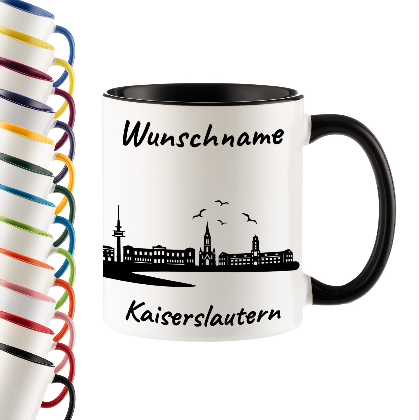 Tasse in Schwarz 330ml bedruckt mit der Skyline von Kaiserslautern personalisierbar mit Wunschname