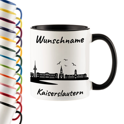 Tasse in Schwarz 330ml bedruckt mit der Skyline von Kaiserslautern personalisierbar mit Wunschname