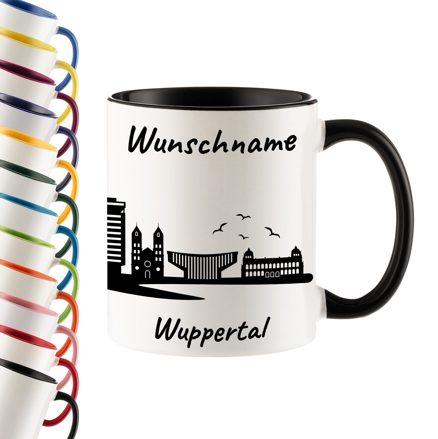 Tasse in Schwarz 330ml bedruckt mit der Skyline von Wuppertal personalisierbar mit Wunschname