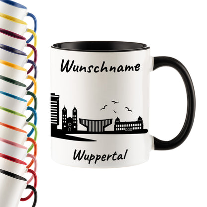 Tasse in Schwarz 330ml bedruckt mit der Skyline von Wuppertal personalisierbar mit Wunschname