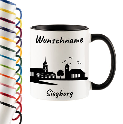 Tasse in Schwarz 330ml bedruckt mit der Skyline von Siegburg personalisierbar mit Wunschname