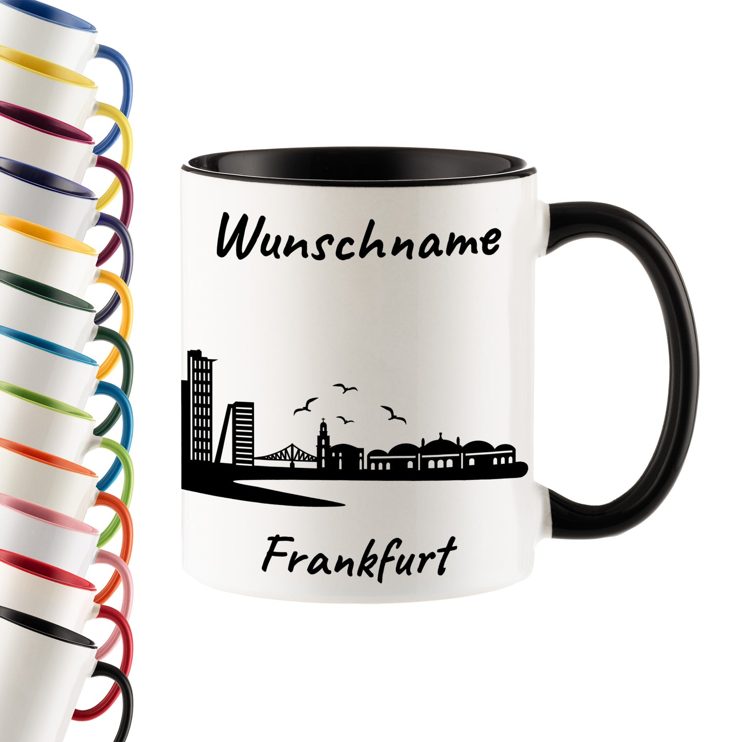 Tasse in Schwarz 330ml bedruckt mit der Skyline von Frankfurt personalisierbar mit Wunschname