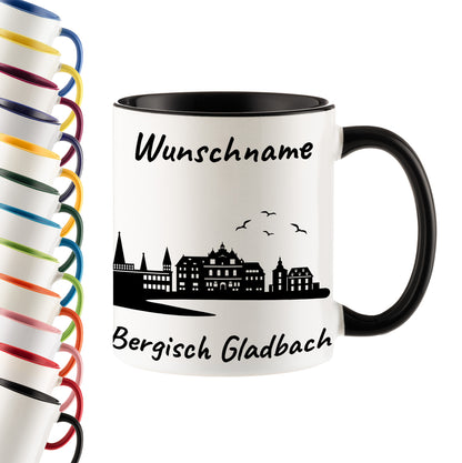 Tasse in Schwarz 330ml bedruckt mit der Skyline von Bergisch Gladbach personalisierbar mit Wunschname