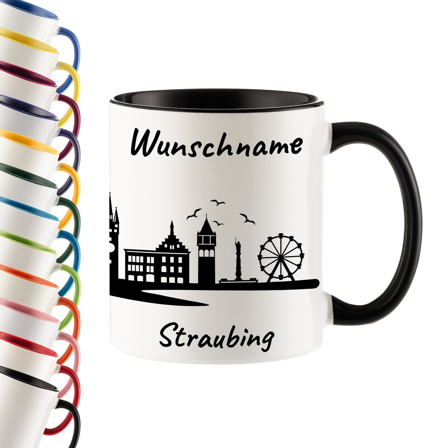 Tasse in Schwarz 330ml bedruckt mit der Skyline von Straubing personalisierbar mit Wunschname
