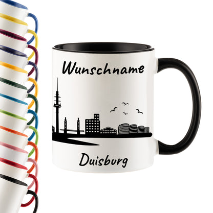 Tasse in Schwarz 330ml bedruckt mit der Skyline von Duisburg personalisierbar mit Wunschname