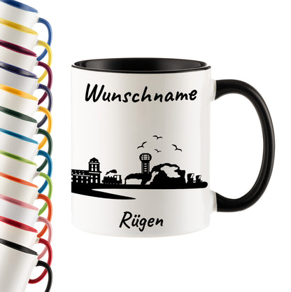 Tasse in Schwarz 330ml bedruckt mit der Skyline von Rügen personalisierbar mit Wunschname