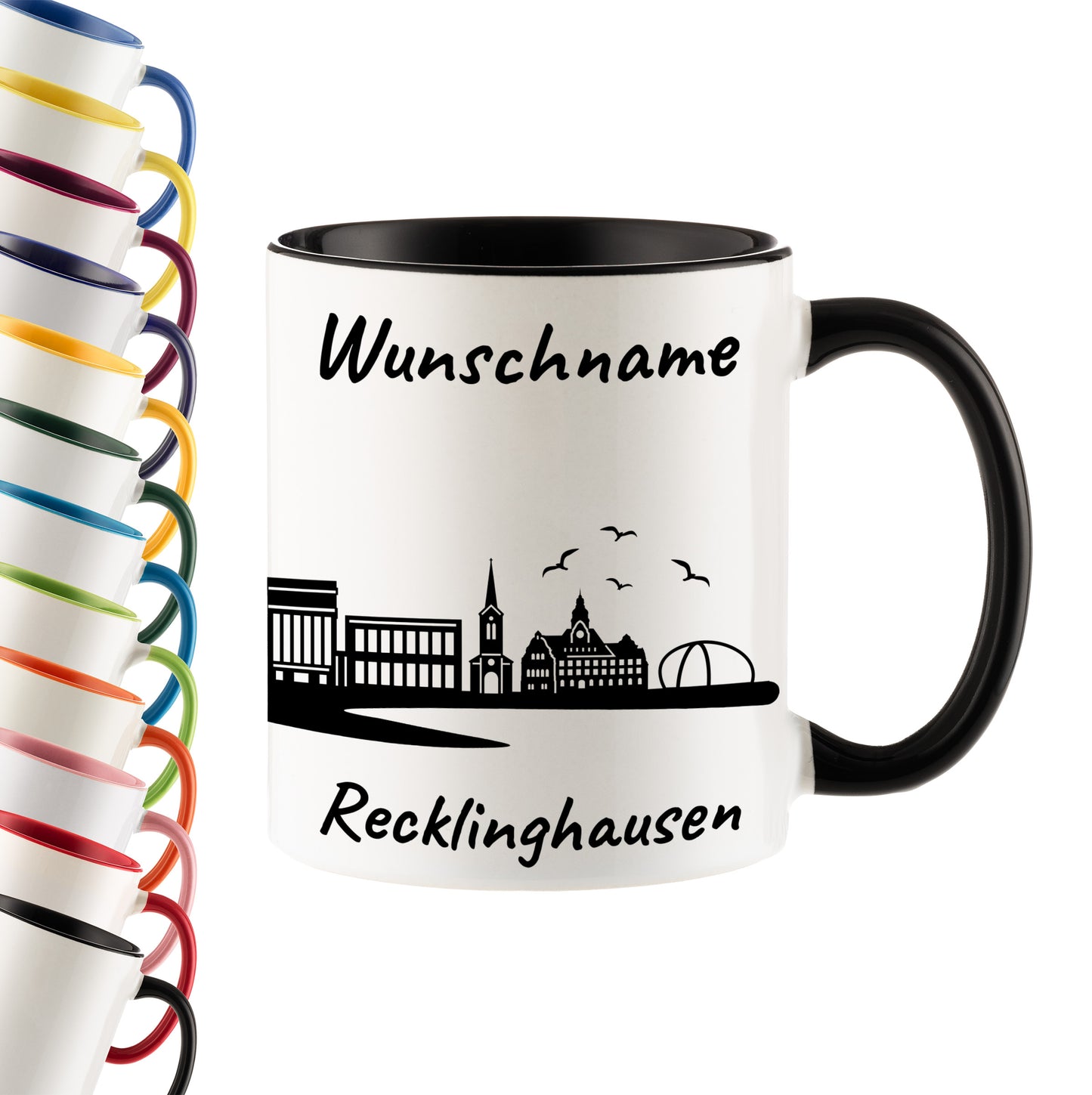 Tasse in Schwarz 330ml bedruckt mit der Skyline von Recklinghausen personalisierbar mit Wunschname