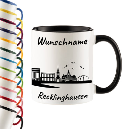 Tasse in Schwarz 330ml bedruckt mit der Skyline von Recklinghausen personalisierbar mit Wunschname