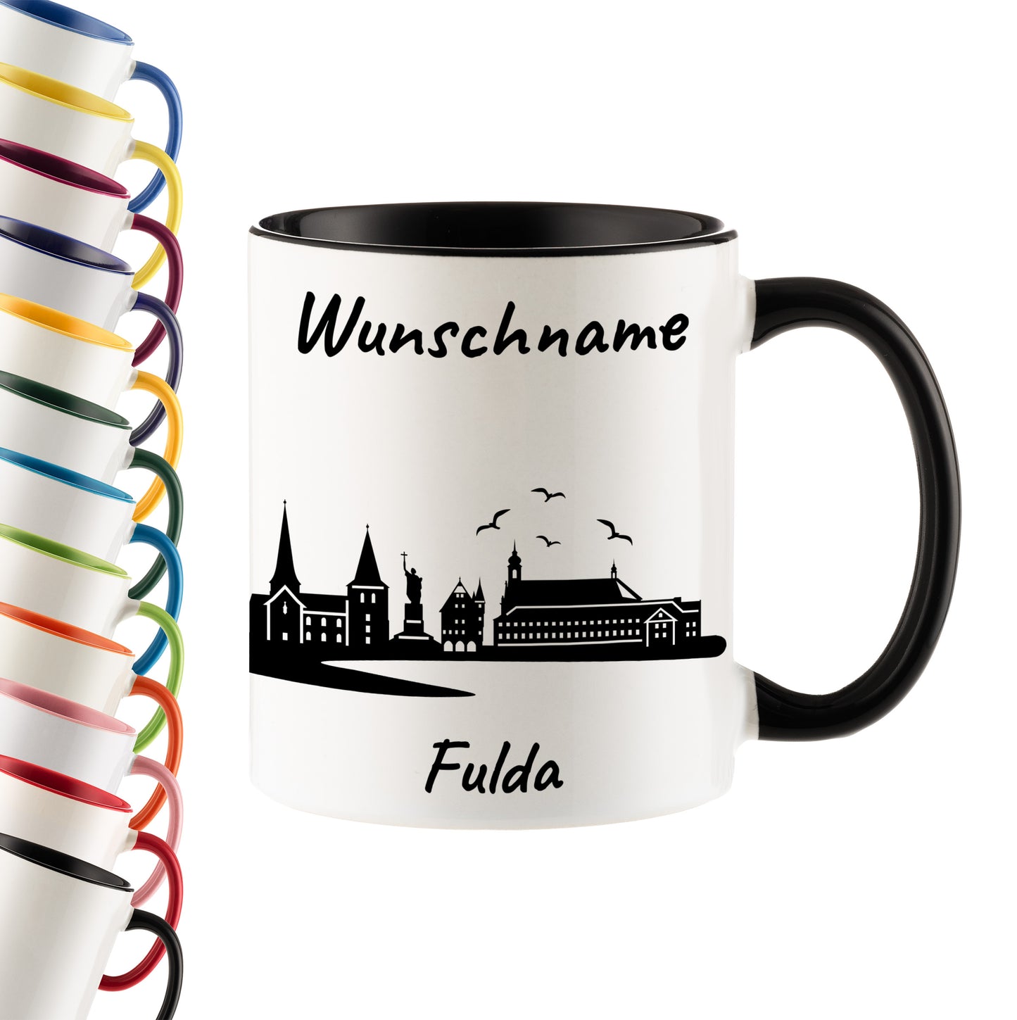 Tasse in Schwarz 330ml bedruckt mit der Skyline von Fulda personalisierbar mit Wunschname