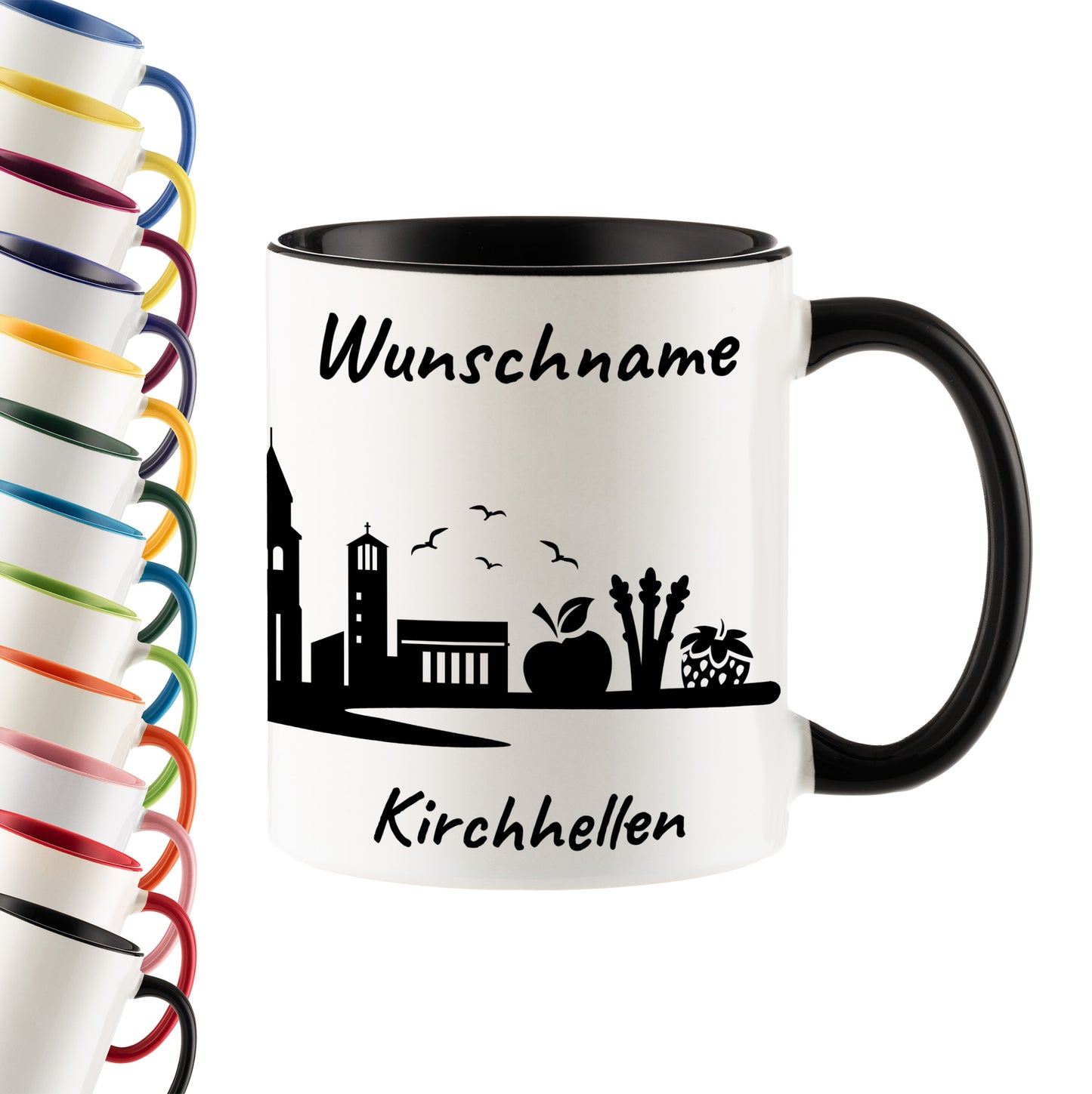 Tasse in Schwarz 330ml bedruckt mit der Skyline von Kirchhellen personalisierbar mit Wunschname