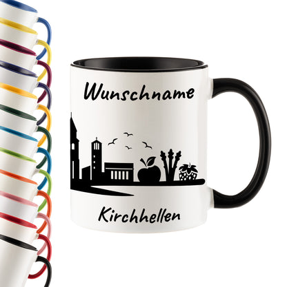 Tasse in Schwarz 330ml bedruckt mit der Skyline von Kirchhellen personalisierbar mit Wunschname