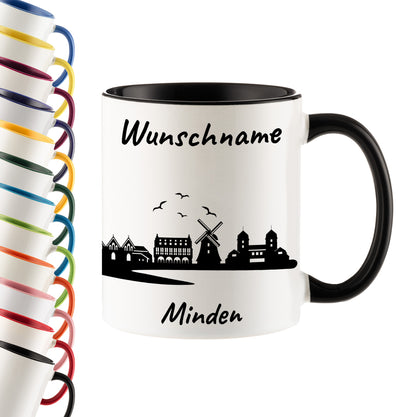 Tasse in Schwarz 330ml bedruckt mit der Skyline von Minden personalisierbar mit Wunschname