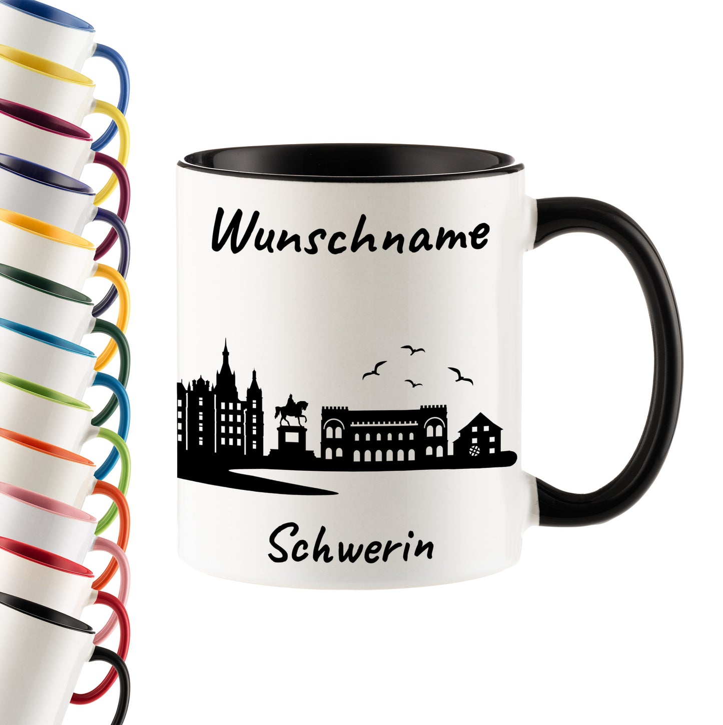 Tasse in Schwarz 330ml bedruckt mit der Skyline von Schwerin personalisierbar mit Wunschname