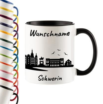 Tasse in Schwarz 330ml bedruckt mit der Skyline von Schwerin personalisierbar mit Wunschname