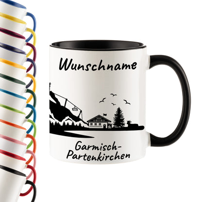 Tasse in Schwarz 330ml bedruckt mit der Skyline von Garmisch-Partenkirchen personalisierbar mit Wunschname